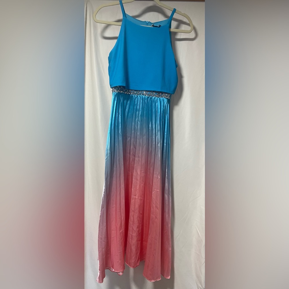 Rare Editions Blue and Pink One Shoulder Prom Gown